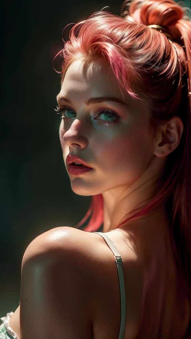 (((ultra realistic))) foto, Obra de arte, Maximum quality, (pale skin), (rosto e olhos ultra detalhados:1.3), Beyoncé, em um vestido com recorte, ((Maquiagem dos olhos, pink mascara)), ((Detailed big lips)), ((rosa wavy hair)), ((penteado estiloso)) , (seios naturais), Cintura fina. ((posando, Hand on face)), photoshoot, (macio)lighting, (O jogo de luz e sombras), profundidade de campo, Bokeh, (special attention to skin details: 1.2), Textura de couro detalhada, poros da pele. (Atmosfera legal do quadro. esquema de cores - preto, roxo, rosa, Toneladas), DR, ((film grain)), ((raios)), (Brilho), ((retrato da cintura para cima)) , ultra detalhado, 
