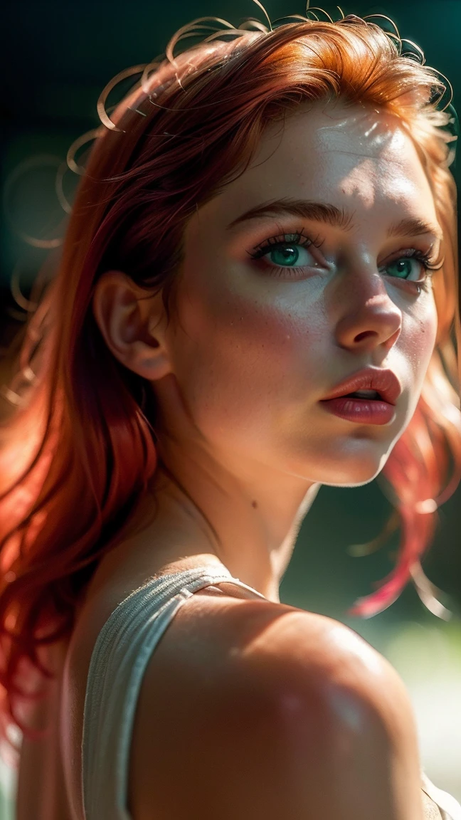(((ultra realistic))) Photo, masterpiece, top quality, (Pale skin), (Ultra detailed green face and eyes.:1.3), 1 girl, adult, on a t-shirt, ((eye makeup, pink mascara)), ((big detailed lips)), ((straight red hair)), ((Chiolka)) , (natural breasts), Thin waist. ((Posing)), Photoshoot, studio (Soft lighting), (The game of lights and shadows.), depth of field, bokeh, (Special attention to leather details..: 1.2), detailed leather texture, skin pores. (Ambiente bright del marco... Color range: delicate, bright, pink tones), DR, ((film grain)), ((Heavens)), (Glare), ((Photo from the back, close up) , ultra detialed, light amber eyes