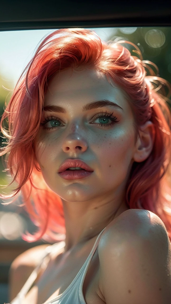 (((ultra realistic))) Photo, masterpiece, top quality, (Pale skin), (Ultra detailed green face and eyes.:1.3), 1 girl, adult, on a t-shirt, ((eye makeup, pink mascara)), ((big detailed lips)), ((straight red hair)), ((Chiolka)) , (natural breasts), Thin waist. ((Posing)), Photoshoot, studio (Soft lighting), (The game of lights and shadows.), depth of field, bokeh, (Special attention to leather details..: 1.2), detailed leather texture, skin pores. (Ambiente bright del marco... Color range: delicate, bright, pink tones), DR, ((film grain)), ((Heavens)), (Glare), ((Photo from the back, close up) , ultra detialed, light amber eyes