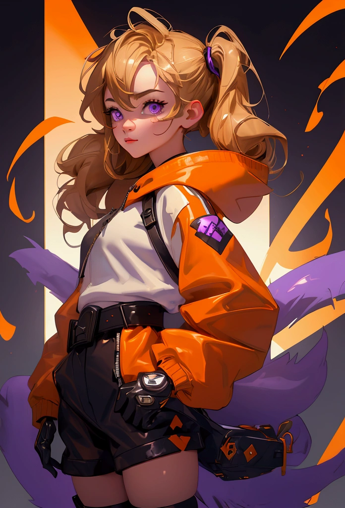 envision a 8k, highres, cinematic, close up beautiful portrait of a short girl named Gigi Murin with dark brown and blonde multicolored hair in twin tails, a tail, purple eyes, wearing an animal hood, hood up, orange jacket, cropped jacket, white shirt, mechanical gauntlets, orange belt, black shorts, single thighhigh, striped thighhigh against a dark background