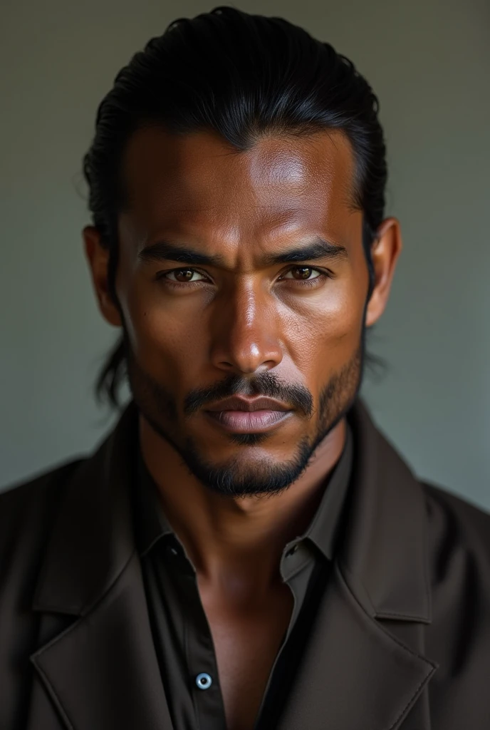 Man with dark skin color with straight brown hair slicked back Darker skin tone, a darker Poko