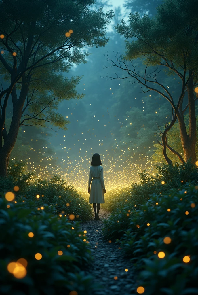 (8k, Highest quality, masterpiece: 1.2), (Realistic, photoRealistic: 1.37), Super Detail, one person&#39;s, Wide viewing angles, Firefly Garden, There are lots of little faint lights and fireflies flying around, night