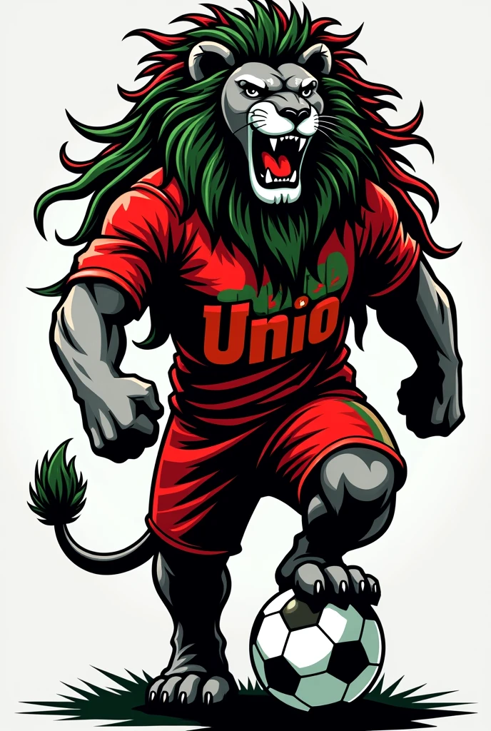 create a logo of a black and white lion with dreadlocks in his mane in red and green colors standing and stepping on a football dressed in a football team uniform without shield or markings with the colors red and green written large on the BABA UNIÃO shirt