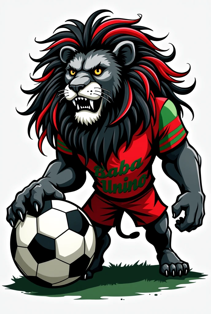 create a logo of a black and white lion with large Bob Marley style dreads in red and green colors standing dressed in a green and red football uniform holding a football and the name BABA UNIÃO written very large