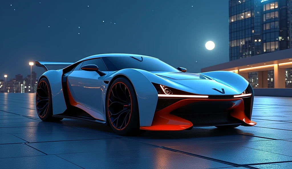 Créer une image HD 16K de haute qualité, ultra réaliste, photo réaliste, plan éloigné, voitures prototypes année 2040. Vu de 3/4 avant, compact coupe 2 portes, coffre de type hayon avec becquet arrière orange mat, Feux diurnes LED allumés en forme de demi-flèche se prolongeant sur la longueur de la calandre et 3 phares carrés intégrés dans la calandre, grande calandre avant rectangulaire se prolongeant de droite a gauche, effet miroir gloss noir haillette vertical, Fenêtres et lunette arrière sur teintées, Intérieur moderne. carrosserie bicolores bleu kobalt métallisé et bas de caisse orange matte, Jantes gloss noires en bâton, rétroviseur fin orange matte. Positionner sur immense esplanade en pavé, arrière plan grand immeuble bureaux moderne, de nuit, reflets des rayons lune sur carrosserie, ciel étoilé avec nuage epars . Logos en forme de V sur nez capot avant et ecris "Vector" en noir sur calandre.