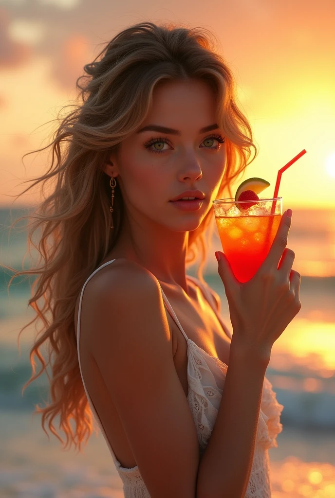 A photorealistic image of an exceptionally beautiful woman with striking green eyes, standing by the seaside at sunset. She has flowing, natural hair and is dressed elegantly in a light summer dress that moves gently in the ocean breeze. She holds a glass of colorful cocktail with ice and fruit garnish, taking a sip as she gazes thoughtfully at the horizon. The sun is setting, casting a warm golden light on her face, and the ocean waves gently lap at the shore behind her. The scene is vivid and hyper-realistic, capturing the intricate details of her facial features, the texture of her clothing, and the serene ambiance of a perfect evening by the sea.