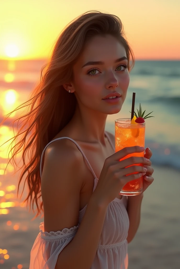  A photorealistic image of an exceptionally beautiful woman with striking green eyes, standing by the seaside at sunset. She has flowing, natural hair and is dressed elegantly in a light summer dress that moves gently in the ocean breeze. She holds a glass of colorful cocktail with ice and fruit garnish, taking a sip as she gazes thoughtfully at the horizon. The sun is setting, casting a warm golden light on her face, and the ocean waves gently lap at the shore behind her. The scene is vivid and hyper-realistic, capturing the intricate details of her facial features, the texture of her clothing, and the serene ambiance of a perfect evening by the sea.