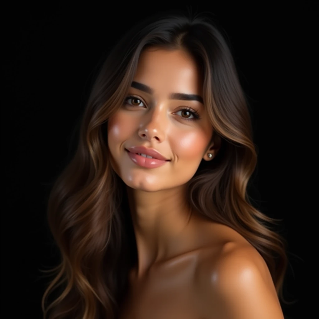 (realism, ULTRA realism, ULTRA DEFINED FACE, maximum details, skin pores, Natural wrinkles, realistic textures, perfect and beautiful eyes, beautiful lips, HYPER REALIMO, maximum reality, PROFESSIONAL CAMERA Fujinon XF 100 – 400 mm f/4.5 – 5.6 R OIS WR) Create a hyperrealistic portrait of an 1 Latina female model, slightly tanned white skin, She is beautiful and has delicate features. The model has a face with delicate features. Her eyes are beautiful, well defined light brown color, almond-shaped and a soft light brown color, framed by long dark eyelashes. She has finely arched eyebrows that complement the delicate structure of her face.. His nose is small and elegant, and her lips are full with a soft natural brown tone. Her hair is long, wavy and light brown, falling gently on his shoulders. The expression on her face is serene and graceful., with a slight hint of a smile. The background must be black, professional study, Professional lighting enhances and highlights the focus on your delicate features. The lighting is soft and even, highlighting the subtle contours of your face, giving the image a warm and cozy feel. maxima defincion