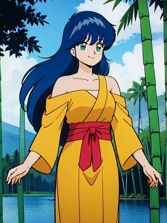 masterpiece, Highest quality, Official Art, 8k wallpaper, Very detailed, figure, 1 person, Sky blue hair, Long Hair, Detailed eyes, Forrest Gump, Exposing shoulders, Hanfu, lake, Pure, A kind smile, bamboo, tea