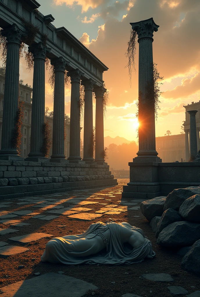 Rome in Ruins An abandoned Roman forum with crumbling columns, overgrown vines, and a broken statue of an emperor lying on the ground. In the distance, the sun sets, casting long shadows that suggest the end of an era.