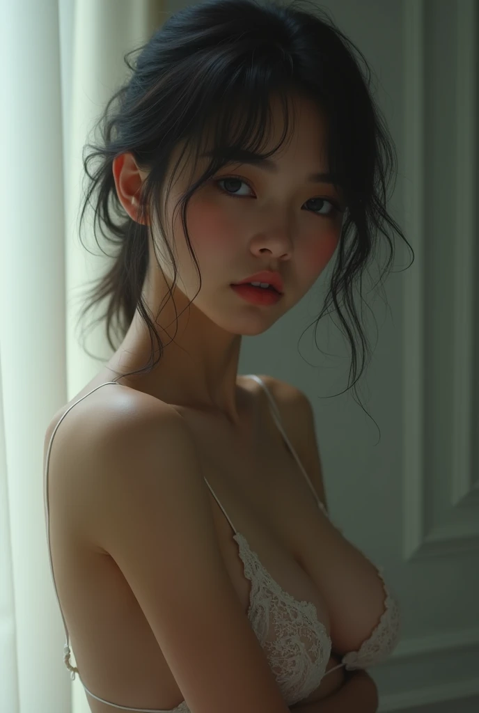 Best quality, masterpiece, ultra high res, (photorealistic:1.5), raw photo, 1girl, offshoulder, in the dark, deep shadow, low key, cold light, sexy look, short hair