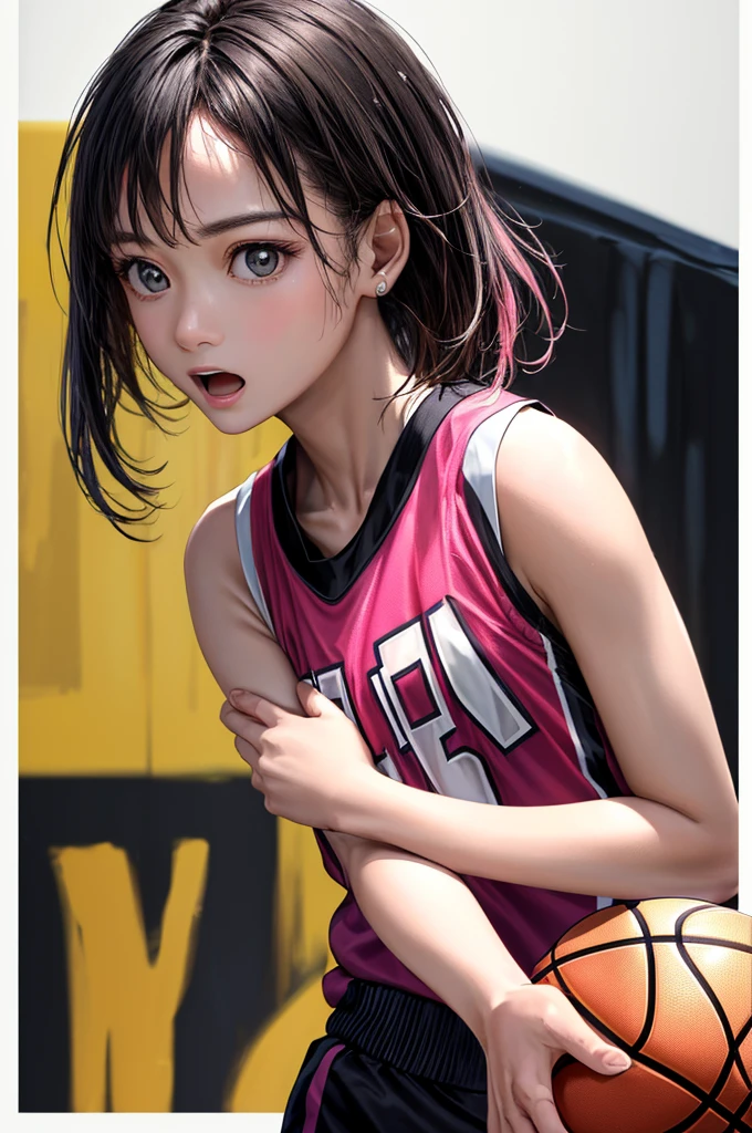 (((Highest quality、8k、32K、masterpiece)))、(Realistic)、(Realistic:1.2)、(High resolution)、Very detailed、Very beautiful face and eyes、1 person、Round and small face、Tight waist、Delicate body、(close、Highest quality、Attention to detail、Rich skin detail)、(Highest quality、8k、Oil paints:1.2)、Very detailed、(Realistic、Realistic:1.37)、Bright colors、(((Black Hair)))、(((Cowboy Shot)))、(((Medium Hair)))、(((Pure white wall background)))、(((Wearing a basketball uniform)))、(((black and pink basketball outfit)))、(((Surprised expression)))、(((1 female)))、(((Tank top style uniform)))、