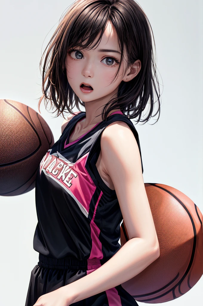 (((Highest quality、8k、32K、masterpiece)))、(Realistic)、(Realistic:1.2)、(High resolution)、Very detailed、Very beautiful face and eyes、1 person、Round and small face、Tight waist、Delicate body、(close、Highest quality、Attention to detail、Rich skin detail)、(Highest quality、8k、Oil paints:1.2)、Very detailed、(Realistic、Realistic:1.37)、Bright colors、(((Black Hair)))、(((Cowboy Shot)))、(((Medium Hair)))、(((Pure white wall background)))、(((Wearing a basketball uniform)))、(((black and pink basketball outfit)))、(((Surprised expression)))、(((1 female)))、(((Tank top style uniform)))、