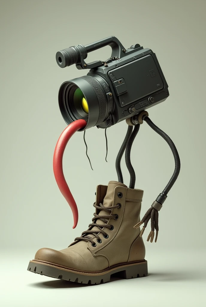 A Video camera licking the bottom of a army boot with long tongue 