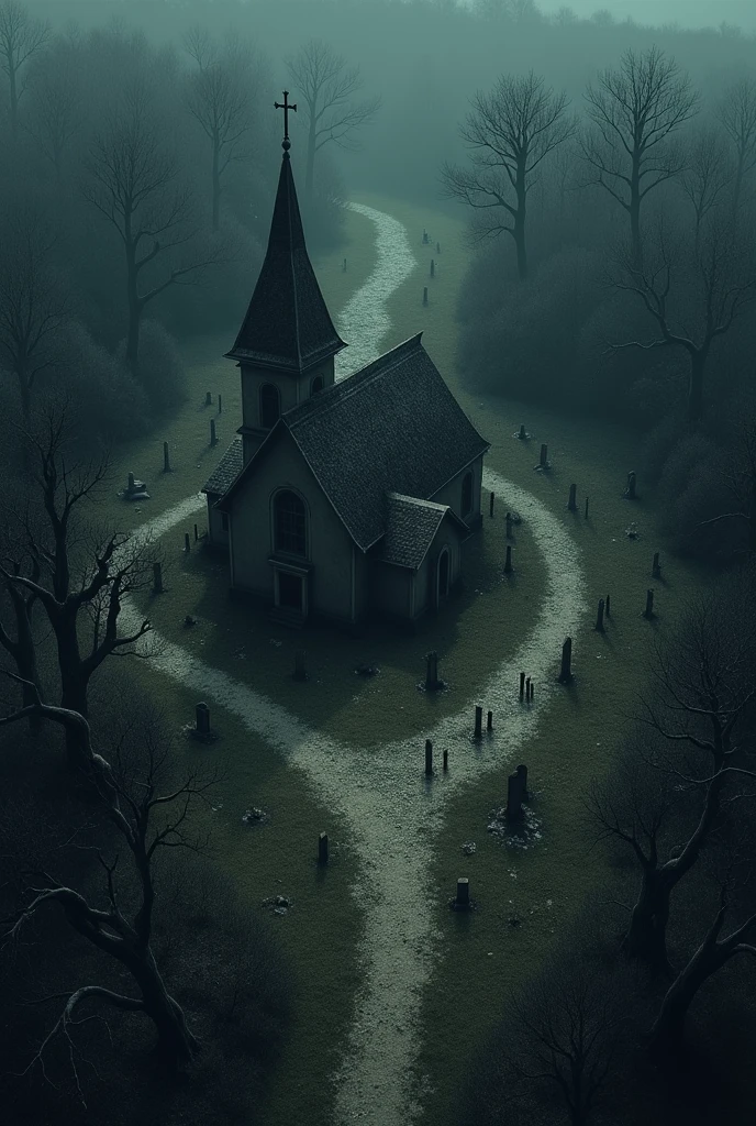 an overhead map of a village with an old church,a cemetery and the forest around the village in dark theme