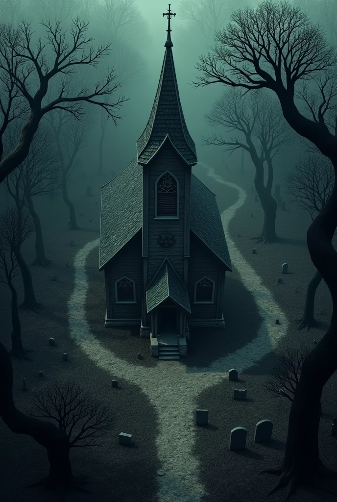 an overhead map of a village with an old church,a cemetery and the forest around the village in dark theme