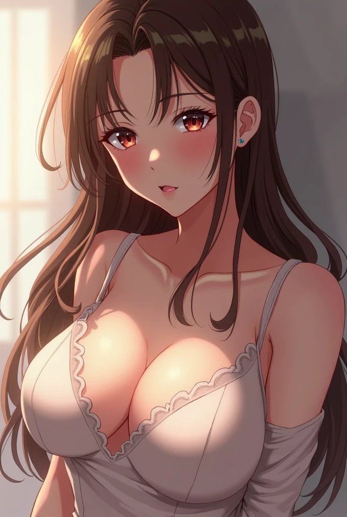 Sexy long brown haired anime girl with large breasts and sexually aroused face