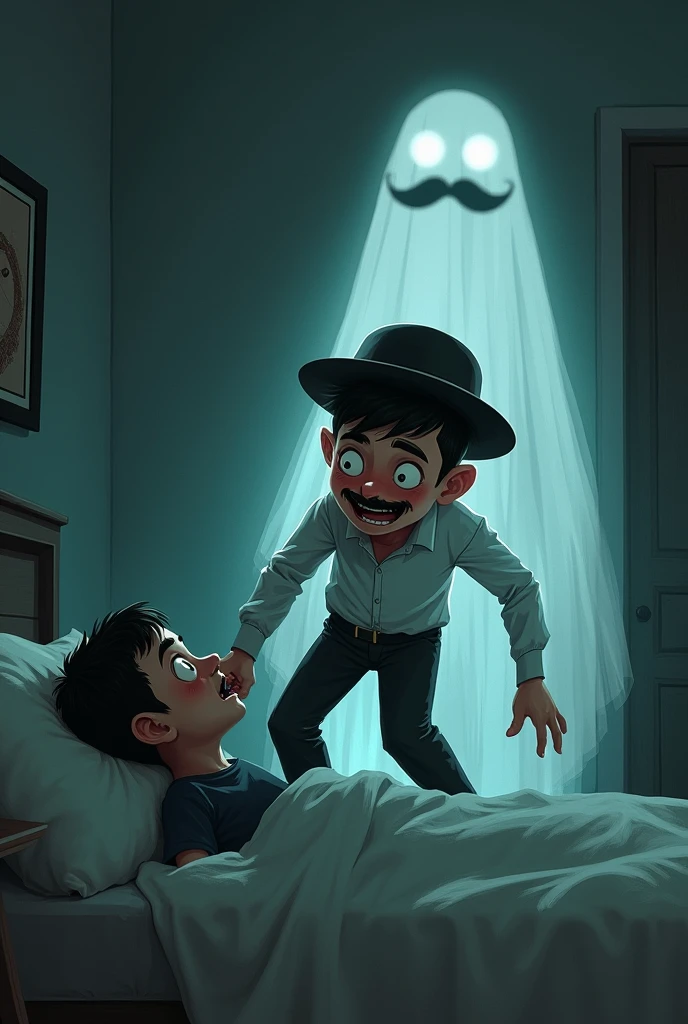 A Venezuelan boy wakes up in his room totally scared and terrified when he sees the spirit of a short man with a hat and a mustache dressed in black pants and a white long-sleeved shirt who pulls him by the feet laughing to scare him.