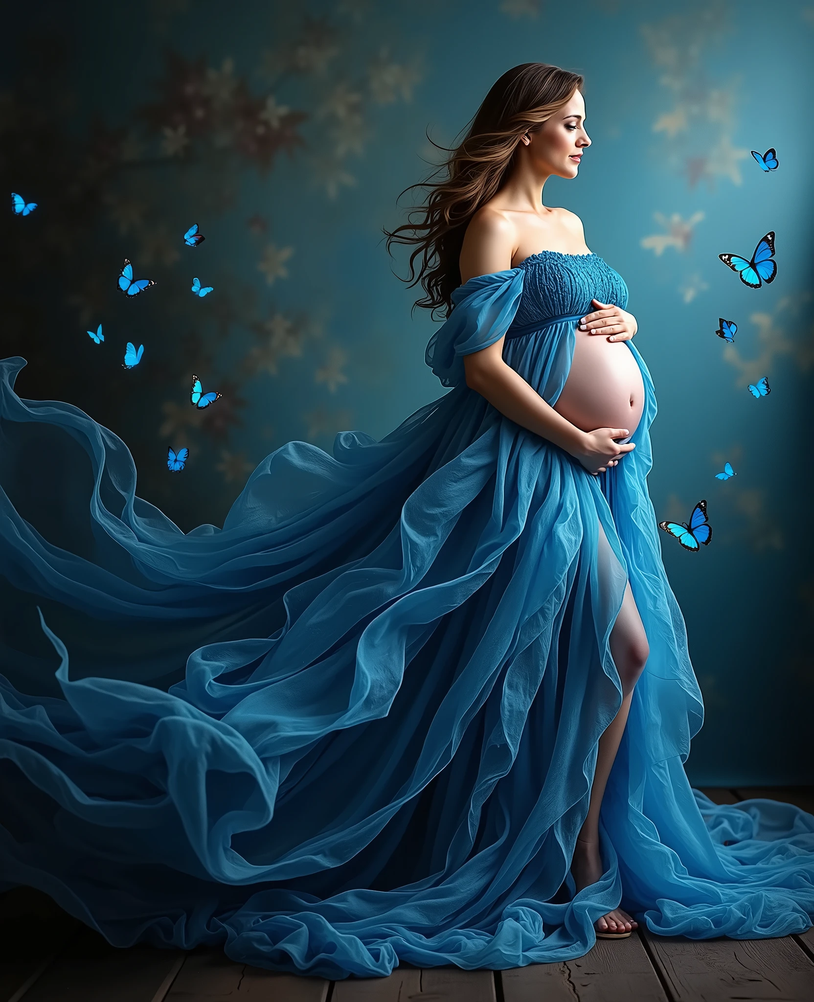 pregnant woman in blue dress with butterflies flying around her, maternal photography 4 k, blue swirling dress, belly free teal dress, inspired by Cynthia Sheppard, pregnant belly, modeling photography, dressed in blue, gorgeous and beautiful, rich blue colors, beautiful gown, profile pic, by Elena Guro, captivating and enticing, fine art fashion photography, cover shot, stylized