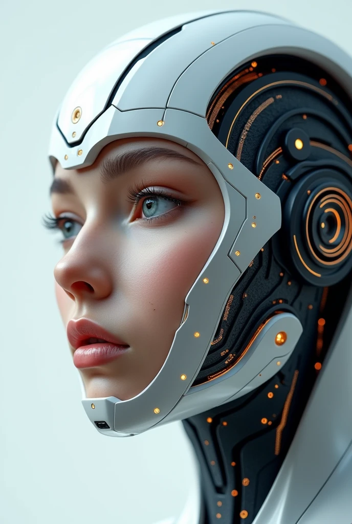 Design a logo for an AI model agency named 'Roya' featuring a half-human, half-bot face. The logo should seamlessly blend these two elements to represent the merging of human creativity with artificial intelligence. On one side, illustrate a human face with soft, realistic features, showing warmth and emotion. On the other side, design a robotic face with sleek, angular lines, incorporating circuit patterns or digital elements to convey a high-tech feel. The transition between the human and robotic sides should be smooth, symbolizing the harmony and integration of AI with human traits. Use a color palette that includes metallic silvers and grays for the robotic side, contrasted with natural skin tones for the human side. The overall design should be sophisticated, futuristic, and convey a sense of intelligence, innovation, and artistry, fitting for an AI model agency.