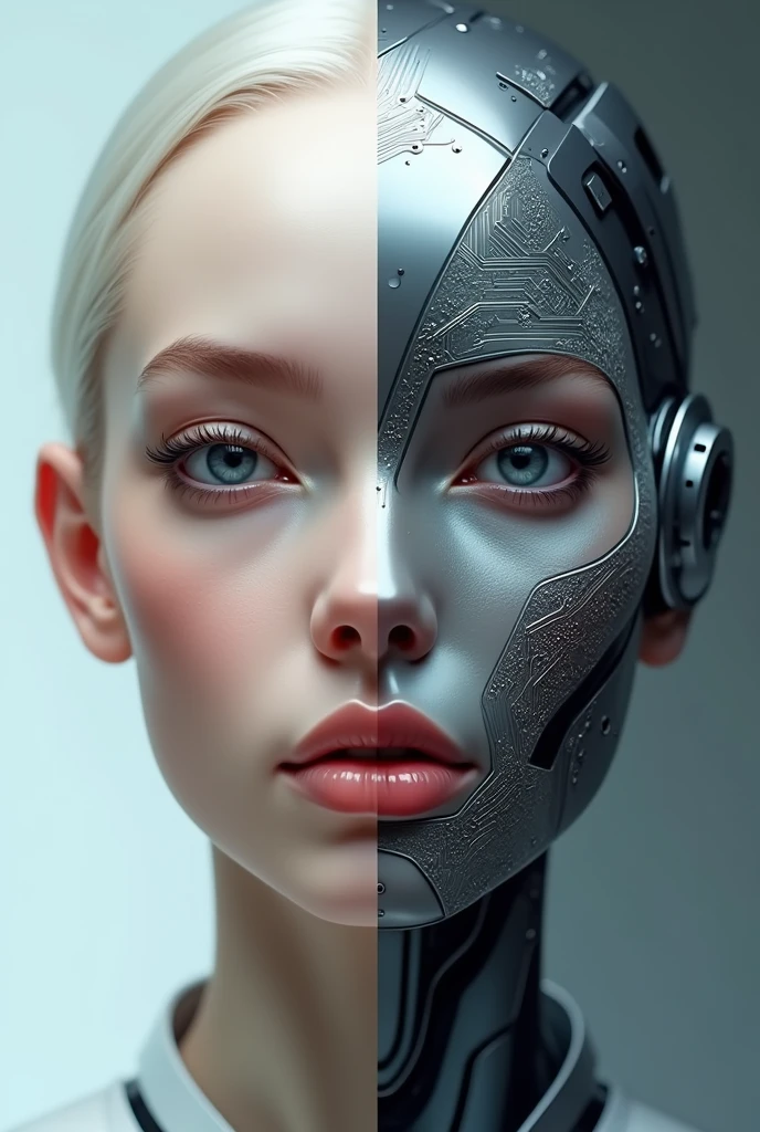 Design a logo for an AI model agency named 'Roya' featuring a half-human, half-bot face. The logo should seamlessly blend these two elements to represent the merging of human creativity with artificial intelligence. On one side, illustrate a human face with soft, realistic features, showing warmth and emotion. On the other side, design a robotic face with sleek, angular lines, incorporating circuit patterns or digital elements to convey a high-tech feel. The transition between the human and robotic sides should be smooth, symbolizing the harmony and integration of AI with human traits. Use a color palette that includes metallic silvers and grays for the robotic side, contrasted with natural skin tones for the human side. The overall design should be sophisticated, futuristic, and convey a sense of intelligence, innovation, and artistry, fitting for an AI model agency.