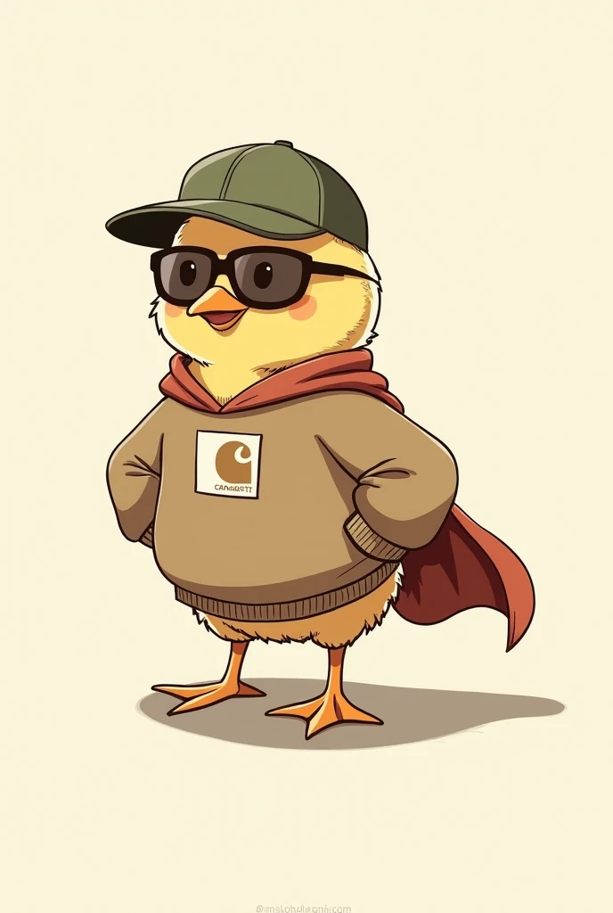 Drawings of a Chick referring to a superhero in a minimalist way with a Carhartt sweater and a cap with brown glasses drawn in a manga style