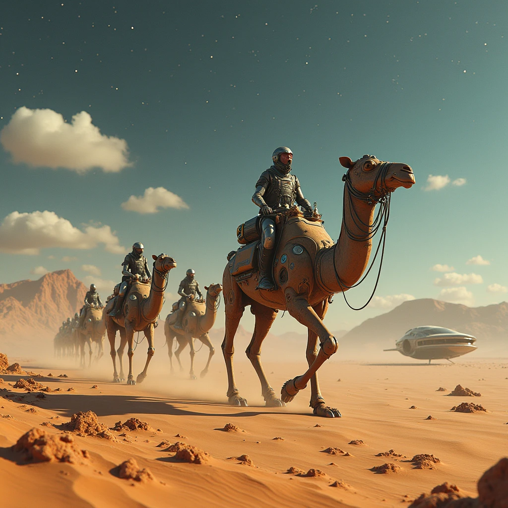 A futuristic caravan traverses a desolate desert landscape. The caravan consists of several biomechanical creatures resembling camels, each equipped with advanced technological features. A lone rider, clad in a sleek, protective suit, sits atop one of the creatures, navigating the terrain with precision. In the distance, a colossal, otherworldly spacecraft looms over the horizon, casting an imposing shadow. The sky is filled with countless stars and distant galaxies, creating a sense of awe and wonder. 16k, Intricate details, depth of field, sharp focus, Cinematic natural Lighting, Deep Focus, f/22, Cinematic film still, shot on Sony a7R V, film grain, color graded, post-processed, cinematic lighting, 35mm film, best quality