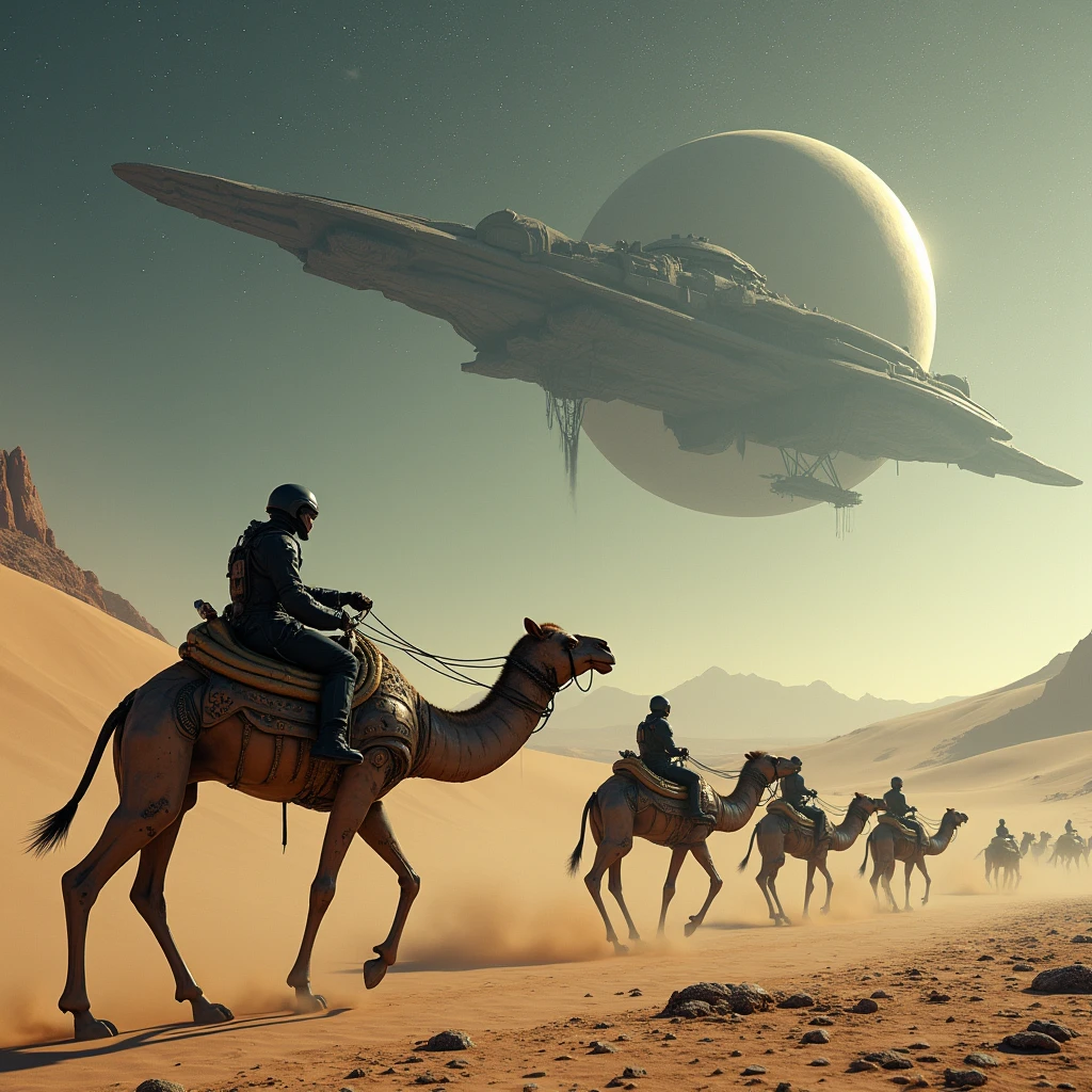A futuristic caravan traverses a desolate desert landscape. The caravan consists of several biomechanical creatures resembling camels, each equipped with advanced technological features. A lone rider, clad in a sleek, protective suit, sits atop one of the creatures, navigating the terrain with precision. In the distance, a colossal, otherworldly spacecraft looms over the horizon, casting an imposing shadow. The sky is filled with countless stars and distant galaxies, creating a sense of awe and wonder. 16k, Intricate details, depth of field, sharp focus, Cinematic natural Lighting, Deep Focus, f/22, Cinematic film still, shot on Sony a7R V, film grain, color graded, post-processed, cinematic lighting, 35mm film, best quality