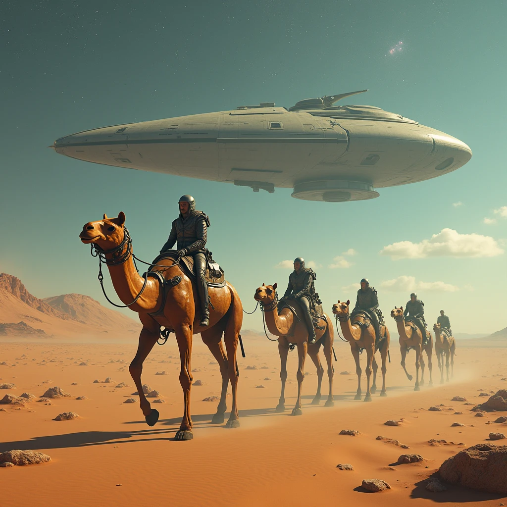 A futuristic caravan traverses a desolate desert landscape. The caravan consists of several biomechanical creatures resembling camels, each equipped with advanced technological features. A lone rider, clad in a sleek, protective suit, sits atop one of the creatures, navigating the terrain with precision. In the distance, a colossal, otherworldly spacecraft looms over the horizon, casting an imposing shadow. The sky is filled with countless stars and distant galaxies, creating a sense of awe and wonder. 16k, Intricate details, depth of field, sharp focus, Cinematic natural Lighting, Deep Focus, f/22, Cinematic film still, shot on Sony a7R V, film grain, color graded, post-processed, cinematic lighting, 35mm film, best quality