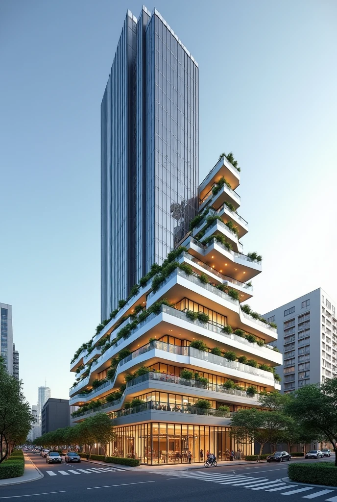 Create a realistic rendering of a modern building located in Mar del Plata, Argentina, where the César Pelli towers currently stand. The building features a commercial ground floor with shops, cafes, and restaurants, integrated into the urban environment. Above the commercial level, there are two distinct volumes: one is a tall, sleek hotel with a modern glass facade, and the other is a shorter, stepped residential building with an architectural design that emphasizes a cascading, terraced structure. The residential building has wide, green terraces and balconies, creating a more horizontal and lower profile compared to the hotel. Both volumes are connected by their contemporary style and attention to detail, fitting seamlessly into the coastal cityscape
