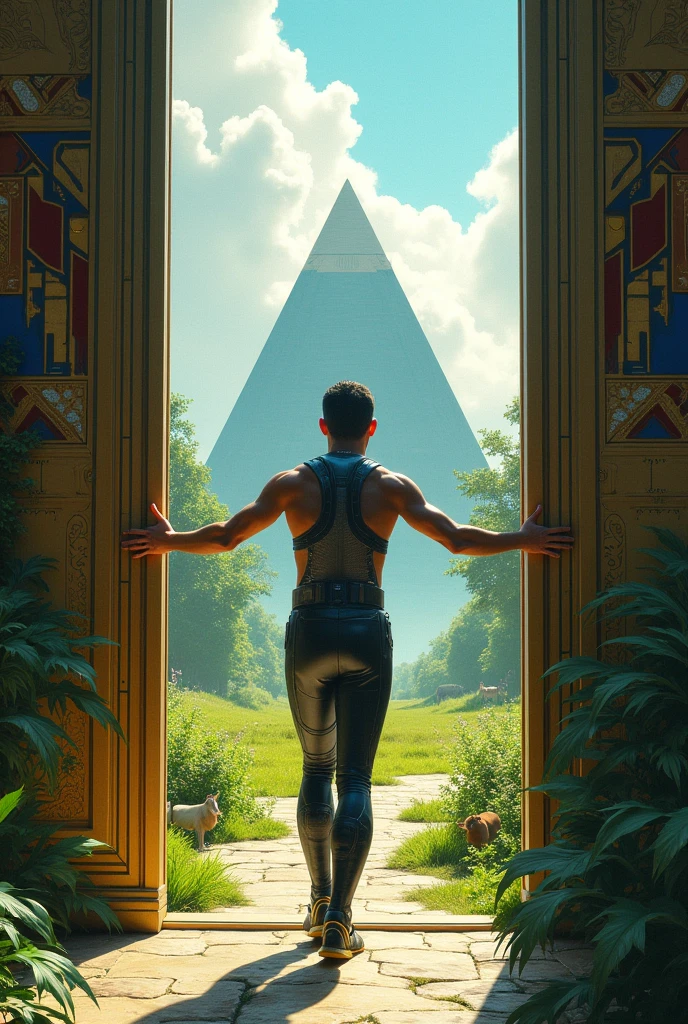 Un homme avec des vêtements futuristes pousse des deux mains des portes futuristes  avec des figures géométriques de couleurs différentes sur la porte et devant lui une pyramide avec de l'herbe et des animaux .