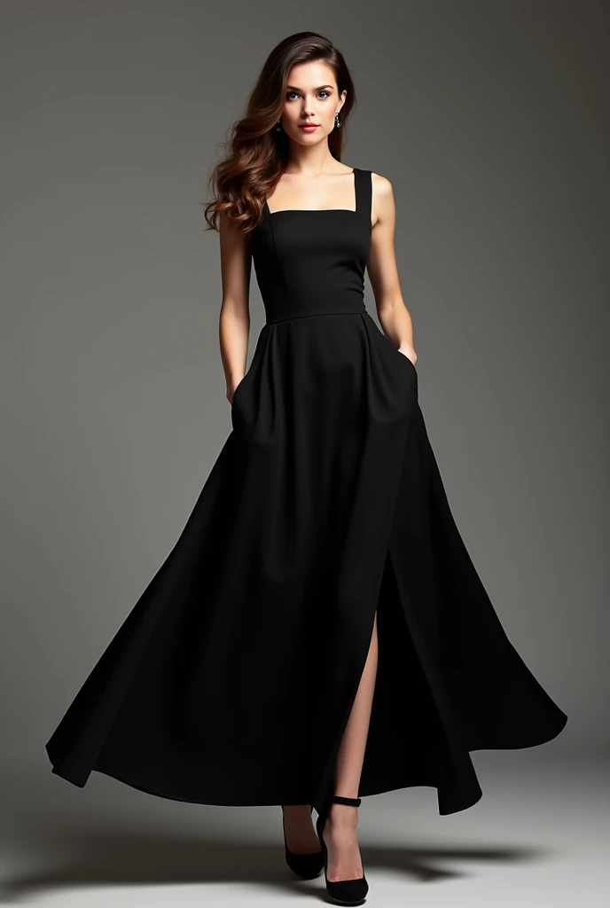 Black midi dress, with a slit that starts mid-thigh, flowy. This dress has no sleeves, has a square neckline.