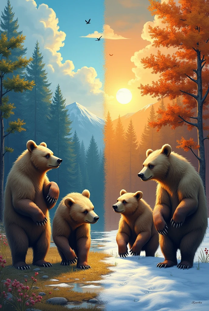 4 bears and each one in autumn, primevera,Summer and winter affected by climate change 
