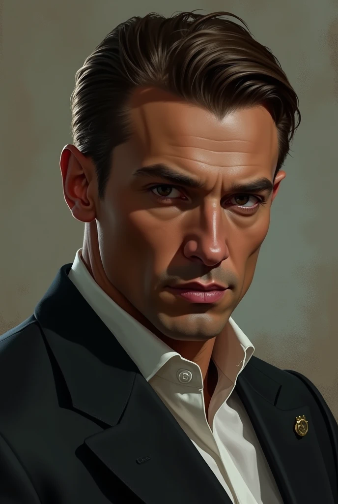 Man with dark skin color with straight brown hair slicked back Darker skin tone, a little darker brown hair
