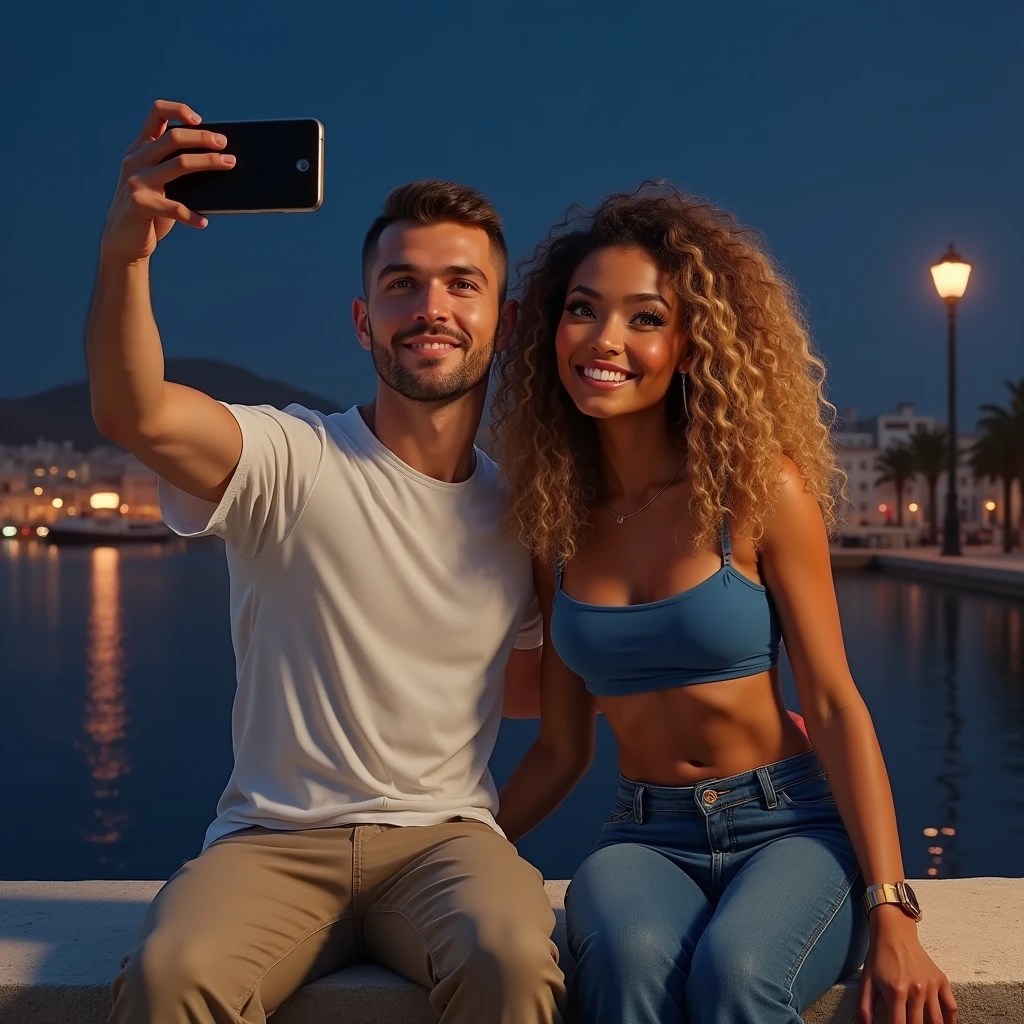 Selfie, Two friends, a White male man, 30's, brown eyes, buzz cut hair style, he wears a white T-shirt and beige pants,A woman Toffee color skin, beautiful toffee mixed woman with long blond curly hair and extremely detailled clear yellow eyes, middle body, she wears a sexy blue top and a Flared denim pants, selfie,They are sitting on a stone wall with a view of a port at night, ultrarealism