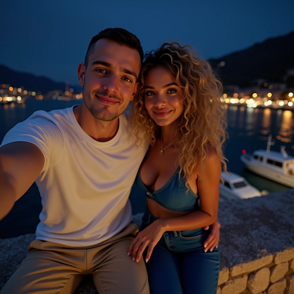 Selfie, Two friends, a White male man, 30's, brown eyes, buzz cut hair style, he wears a white T-shirt and beige pants,A woman Toffee color skin, beautiful toffee mixed woman with long blond curly hair and extremely detailled clear yellow eyes, middle body, she wears a sexy blue top and a Flared denim pants, selfie,They are sitting on a stone wall with a view of a port at night, ultrarealism