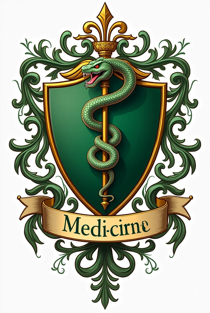 Create a Logo PNG Coat of Arms Heraldic Medicine, Asclepius rod (can&#39;t have wings)
Aggressive Snake Shades of Green (predominantly) and gold with details Branches and details around the coat of arms With a banner with the text written MEDICINE CANNOT HAVE WINGS Leaving it elegant
