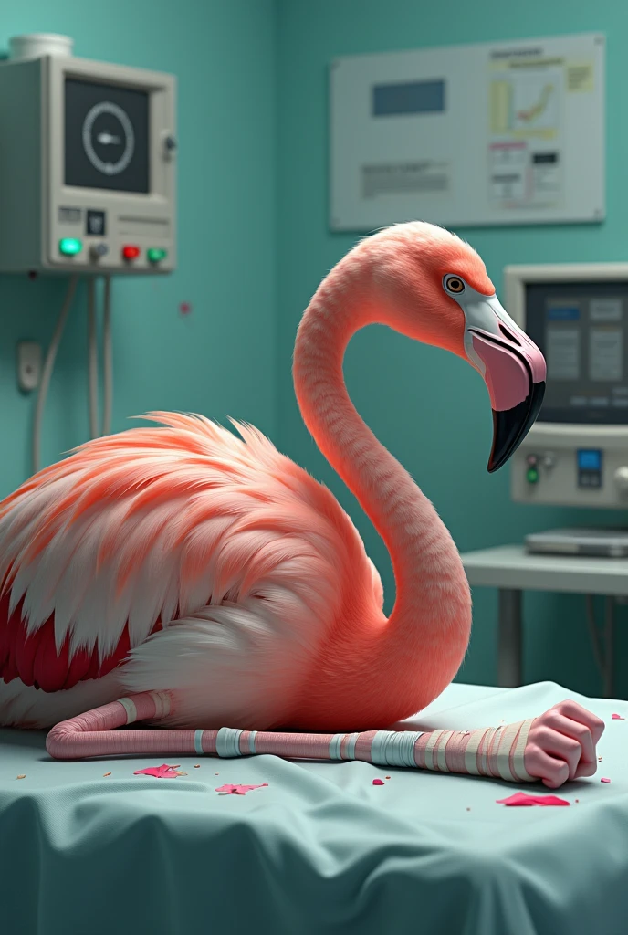 Injured flamingo in sad hospital