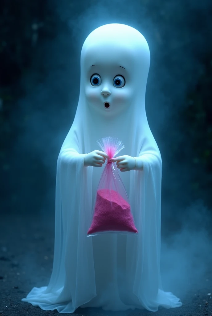 I need a picture of the ghost casper (that is identical to the movie and does not look cute, I don't want him to have rosy cheeks or look like a baby., I want it to look scary), where he is holding a plastic bag that contains pink powder inside. The ghost should be semi transparent and the background dark blue, and that it has fog. Don't add clothes to the ghost, It's just a ghost and that's it.