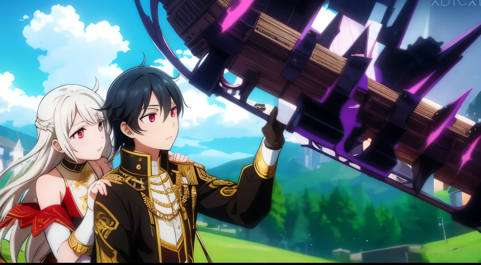 A white-haired boy with red eyes wearing a black jacket with gold accents, blocking an attack from a golden sword, with an aura of golden fire, protecting a girl with platinum hair, vibrant colors, contrast, blue sky, open field, characters in side view, intricate details, cinematic lighting, dramatic pose, highly detailed, digital art, fantasy illustration, hyper-realistic, 8k, best quality