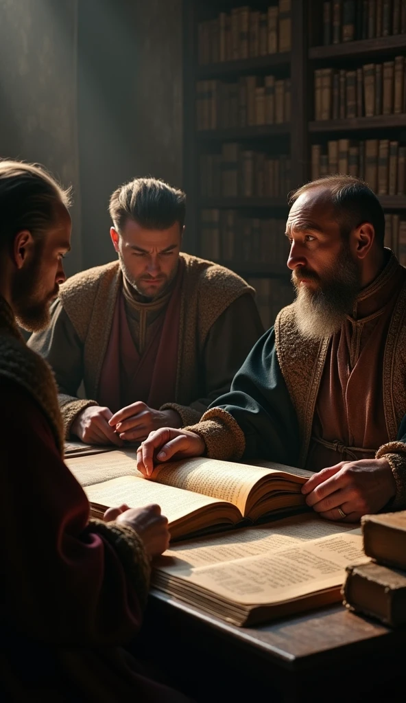 (photorealism:1.2), An ancient book being translated, scholars in medieval attire, in a dimly lit room filled with manuscripts, studying and discussing with fervor, medium shot, hyper-realistic, photo realistic, cinematography ar—9:16