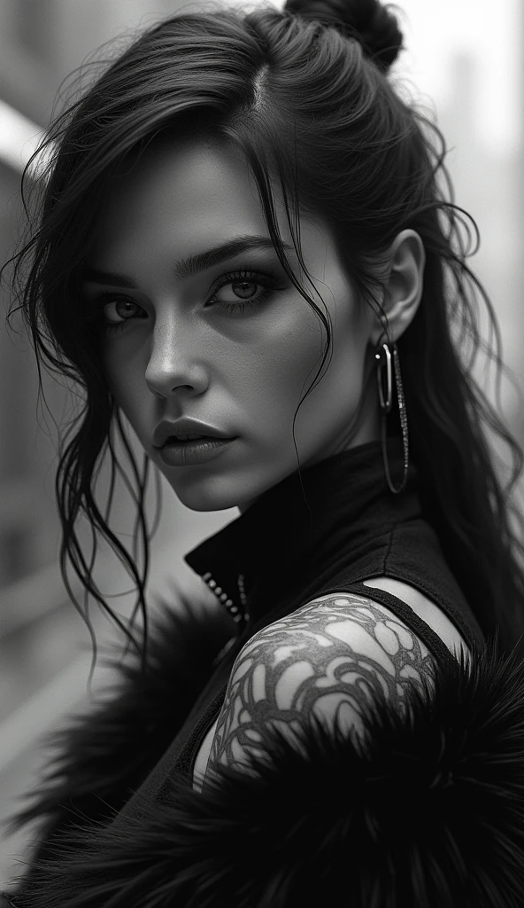 Girl、tattoo、tobacco、cyberpunk、black fur、monochrome、half black and white、hyperrealistic