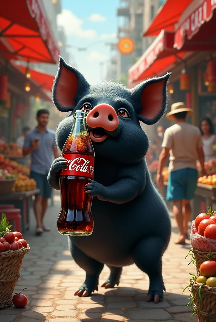 BLACK PIG DRINKING COCA COLA IN THE MARKET