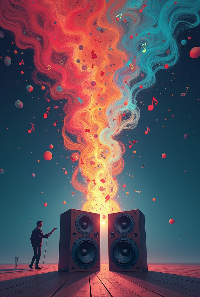 Create an image with speakers, several musical notes coming out of them with a shadow playing the instrument