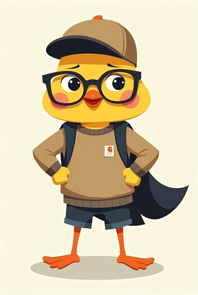 Drawings of a Chick referring to a superhero in a minimalist way with a Carhartt sweater and a cap, brown glasses drawn in a logo style