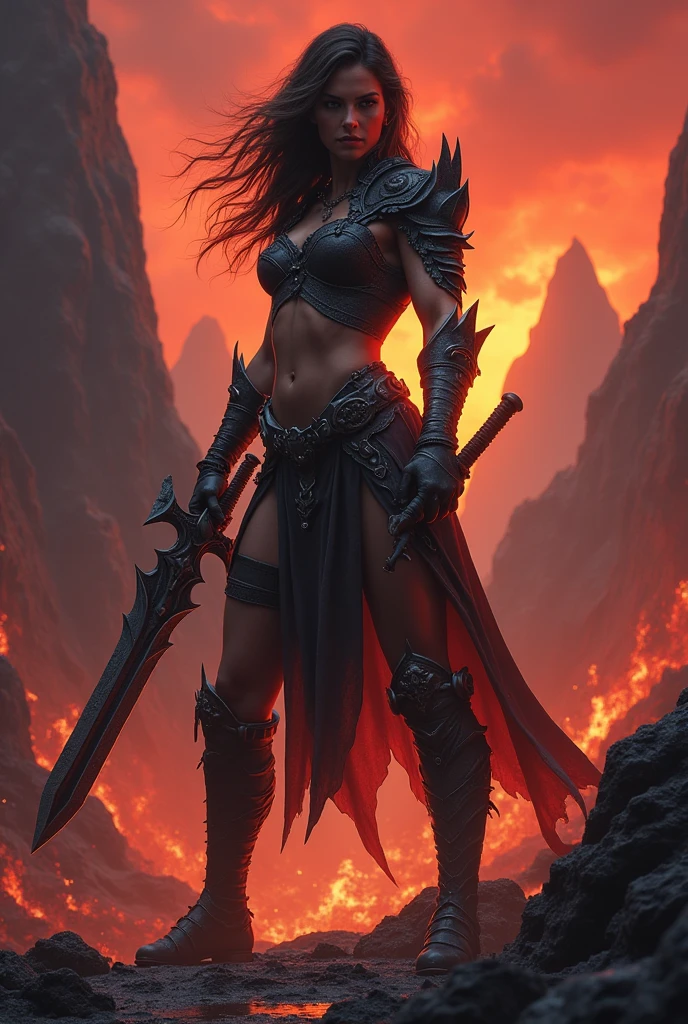 dark Sword warrior women in fire hell landscape