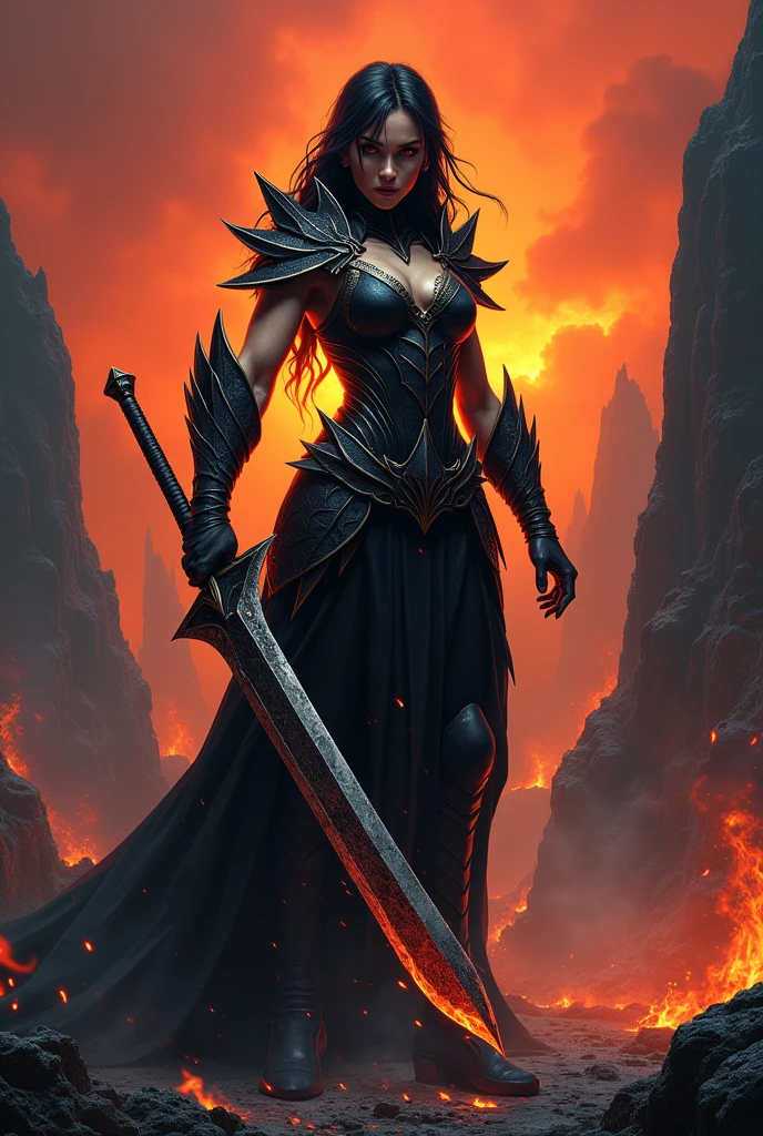 dark Sword warrior women in fire hell landscape 