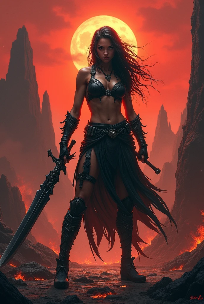 dark Sword warrior women in fire hell landscape 