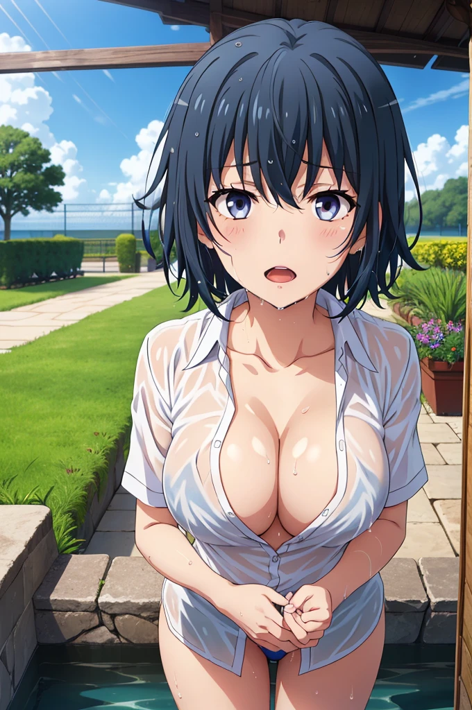 ((Highest quality, High resolution,  Pixel perfect,  4K)), (1 person),  (Beautiful Anime), 
Observe the audience, 
Perfect body,  Adult women short hair　,  Bright blue hair　、Side part　、Super big breasts　　、　Purple eyes　、　Detailed eyes、Let your hair down、

(blush),  Embarrassing　、Climax　、Please open your mouth slightly、Provocative look　、
(Very wet shirt 1.2) 　、　The shirt shows through and the underwear is visible　、　Wet skew　　、　Cleavage　　、
Cowboy Shot　、　first round　、noon、　garden