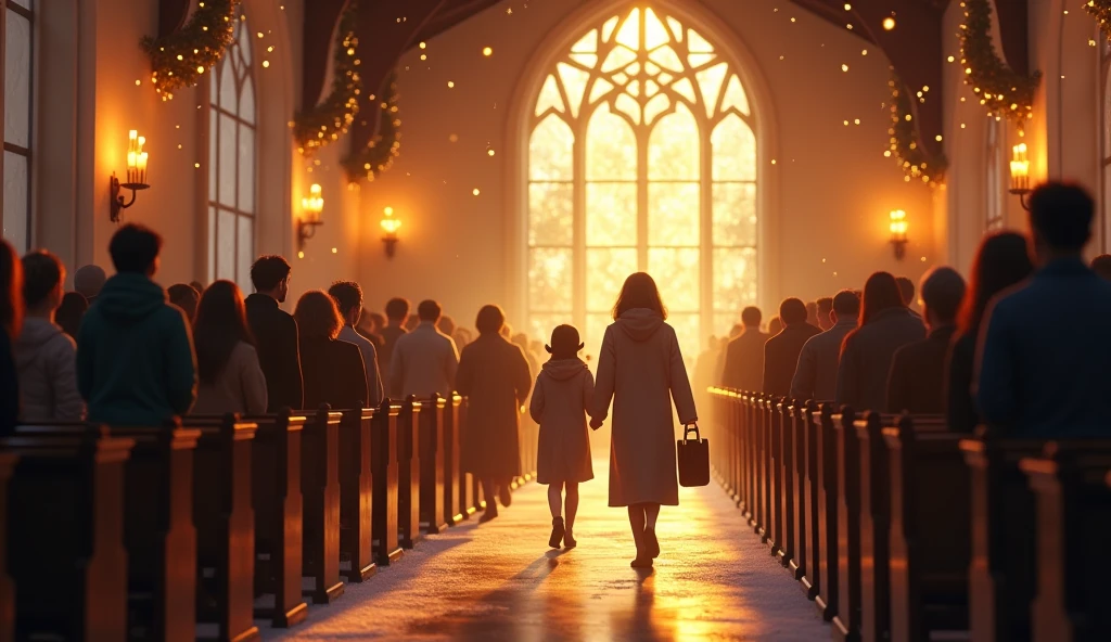 soft background music, Images of the church illuminated with warm lights, people coming in with smiles.